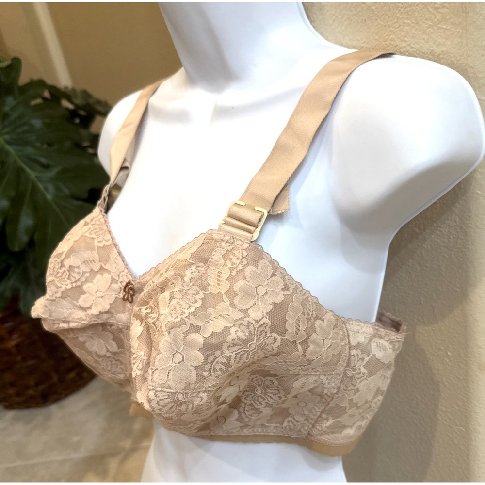 Vtg New 36FF LADY CAMEO Floral Bullet BRA Beige Lace Torpedo Cone Wireless‎ USA